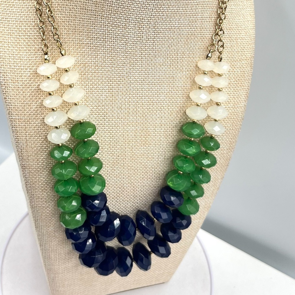 Vintage Retro Multi-Strand Beaded Statement Necklace Green Navy White Gold Tone - Picture 11 of 13